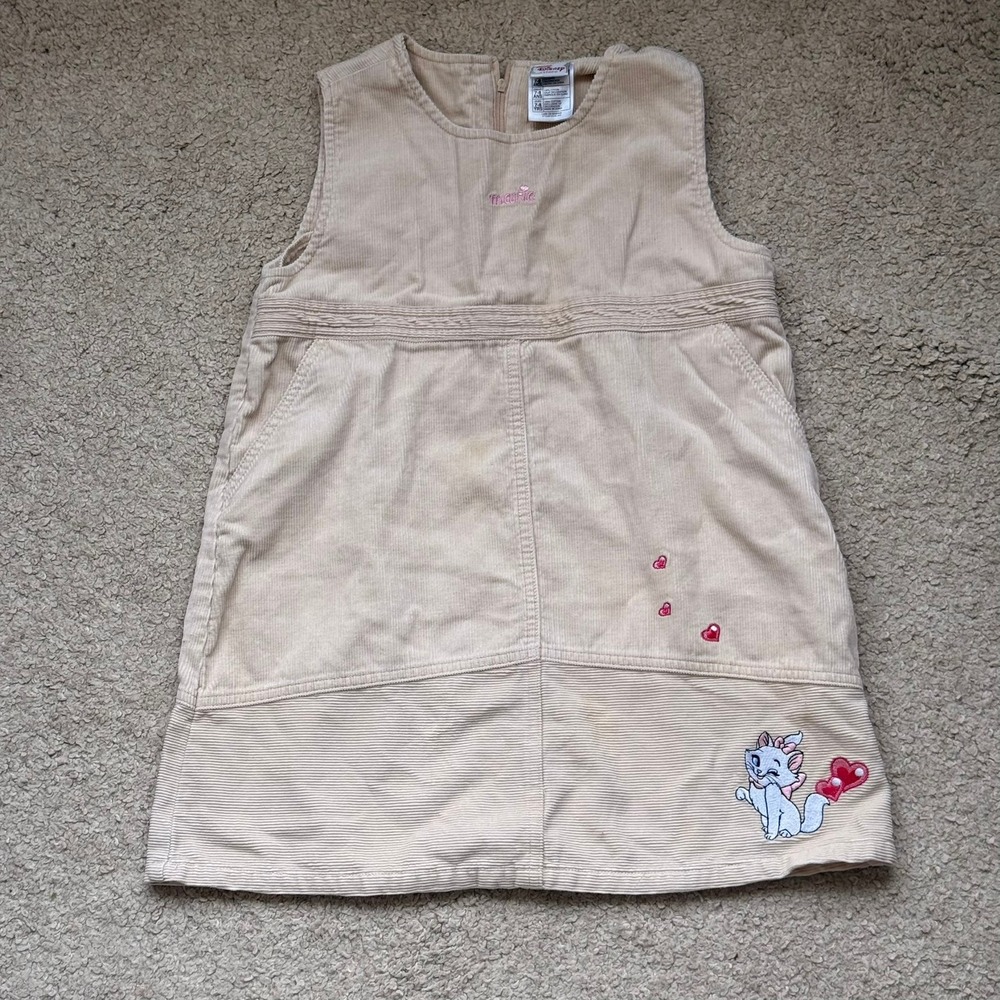 90s Disney Store Marie The Aristocats Corduroy Jumper Dress Girls 7-8 Cream Tan